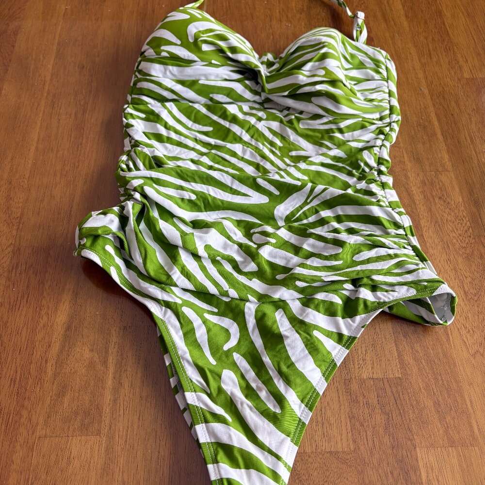 Anne Cole Twist Front Shirred One Piece Lime & White Swim Suit Sz 10